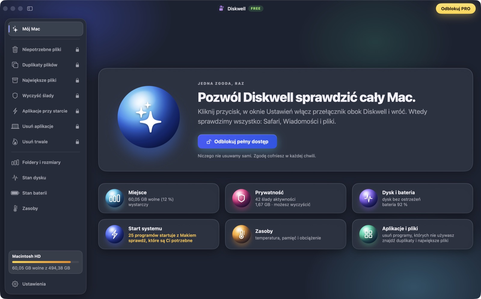 Diskwell: ekran Mój Mac z werdyktem i sześcioma kaflami